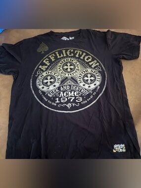 Affliction Black Short Sleeve Tee with Gold & White Seek and Destroy Graphic